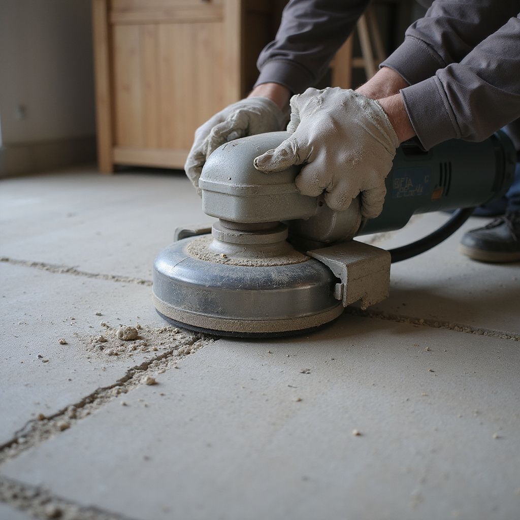 Person grinding a concrete floor with an electric grinder, wearing gloves, in a room.