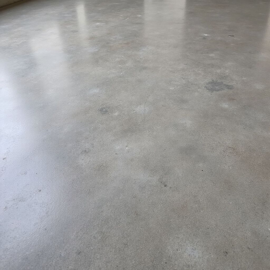 Polished concrete floor; gray, reflective surface with subtle variations.
