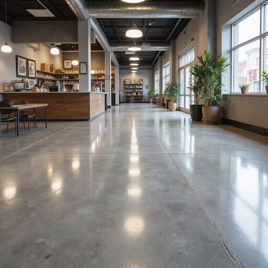 Long, polished concrete floor leads to a coffee shop counter, with large windows and plants lining the hallway.