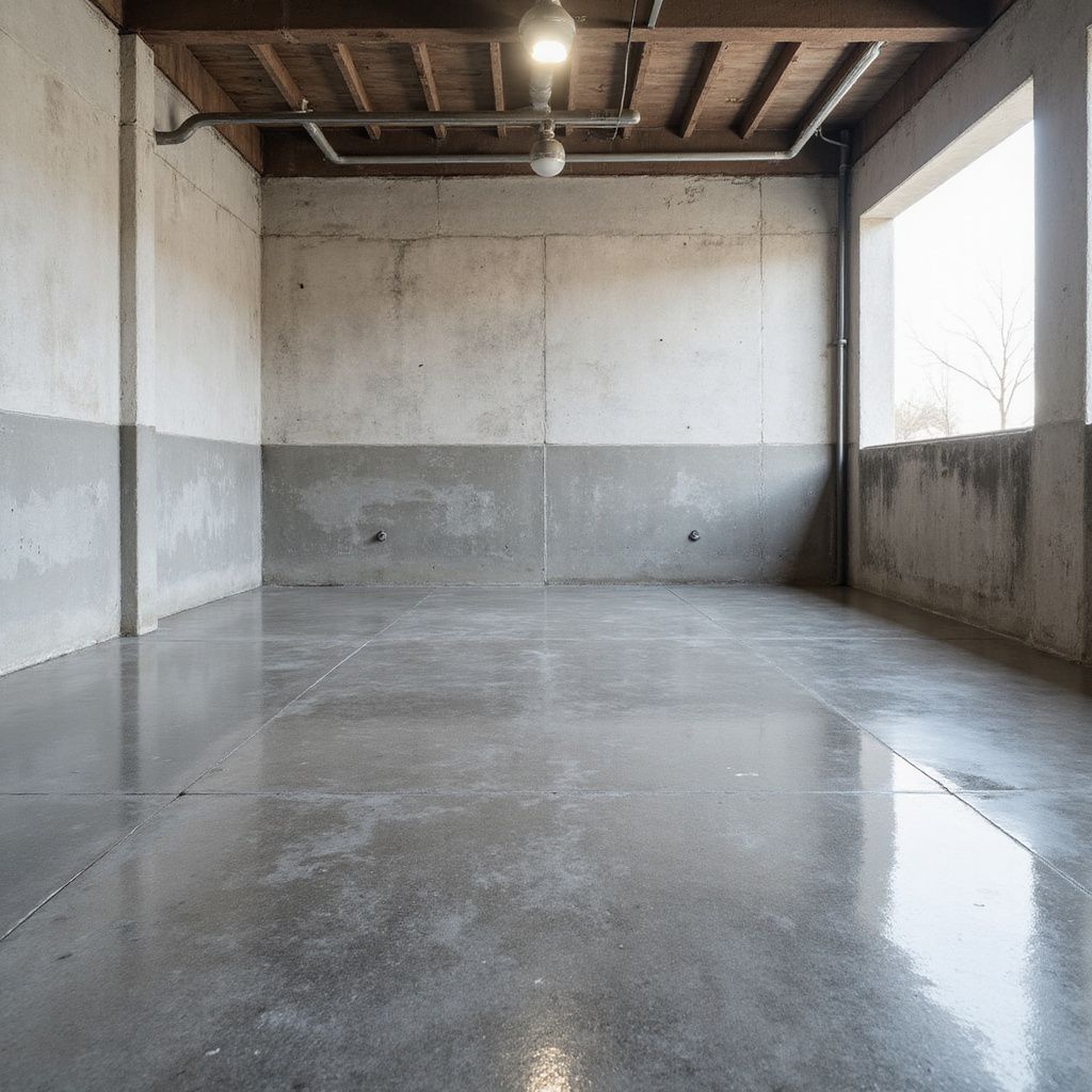 Empty, concrete-walled room with a polished floor. Light streams in from a window on the right. Ceiling has exposed beams.