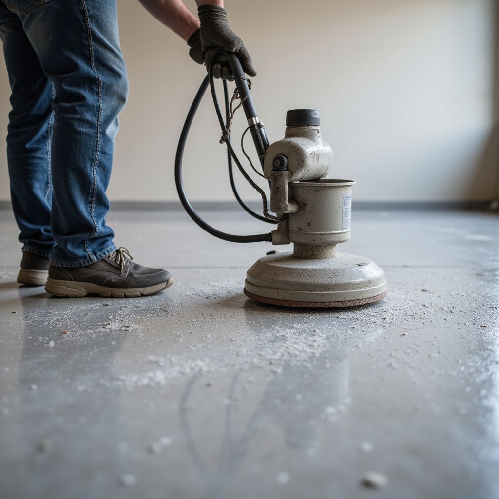 Person in jeans and gloves uses floor buffer on concrete floor.