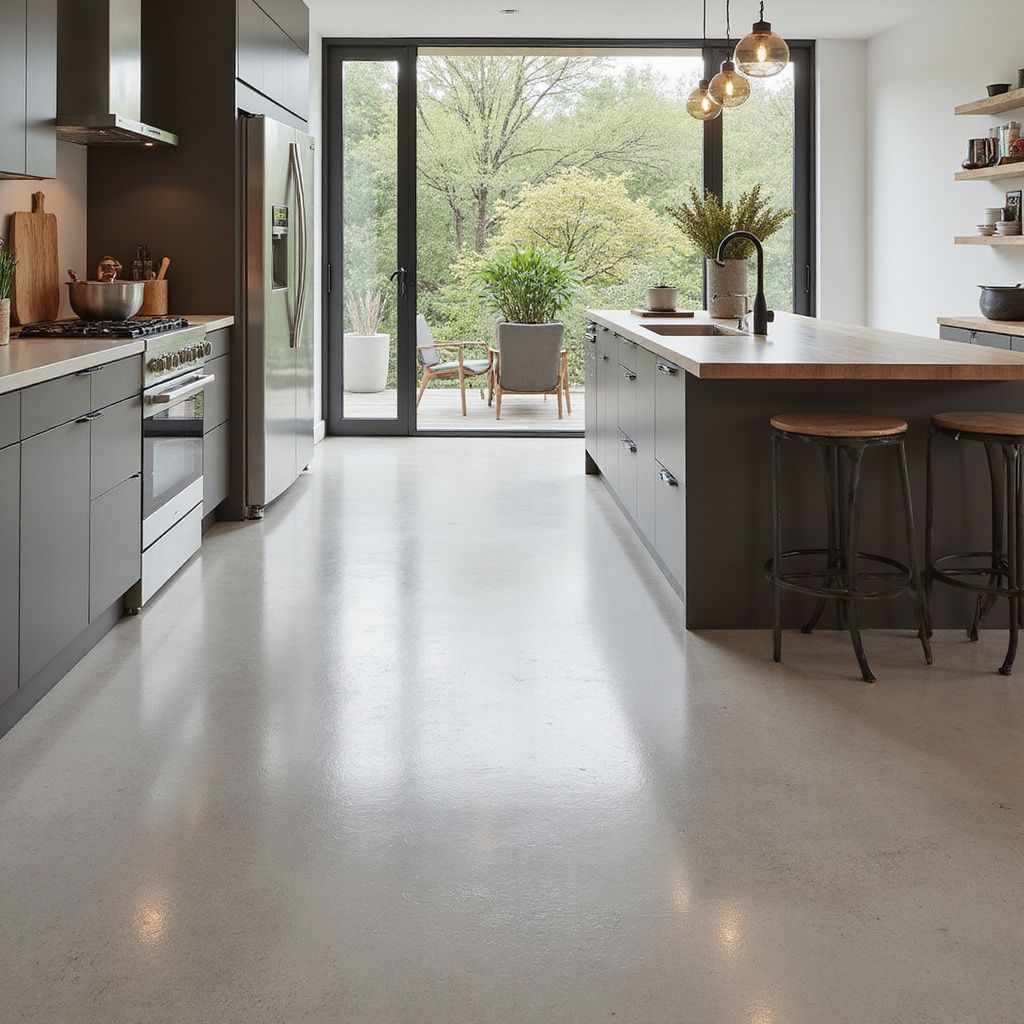 Modern kitchen with gray cabinets, stainless steel appliances, and polished concrete floor.