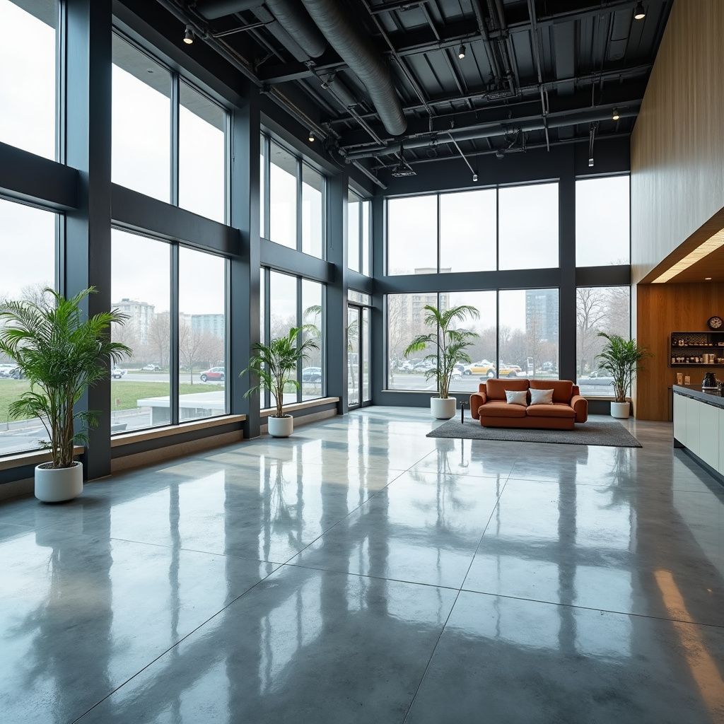 Modern lobby with large windows, potted plants, and a sofa. Concrete floors, dark ceiling.