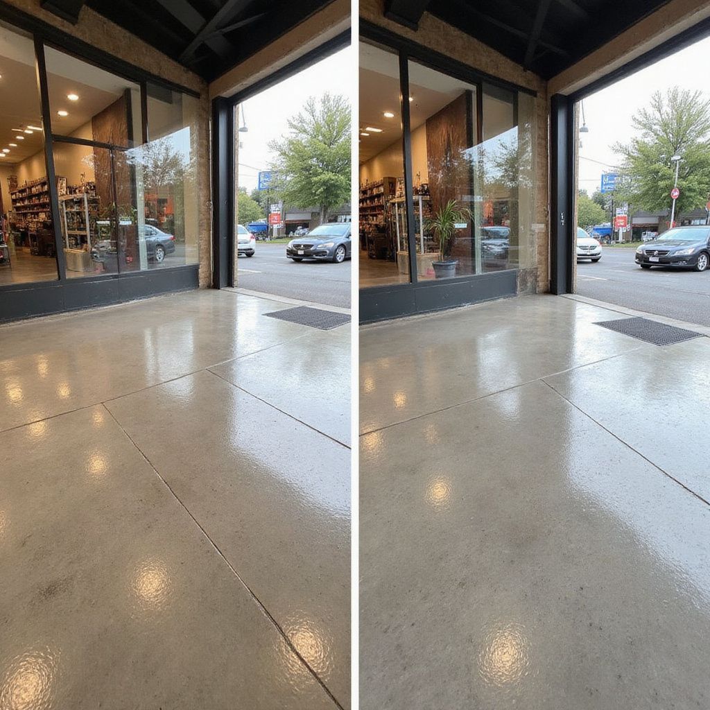 Two photos, shop entrance with shiny concrete floor, glass storefront. Cars on street visible.