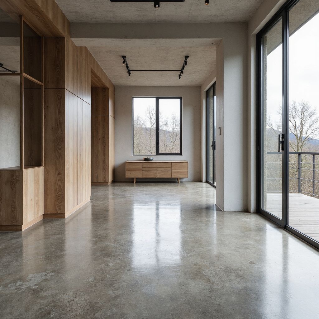 Modern interior with concrete floors, wood accents, and large windows overlooking trees.