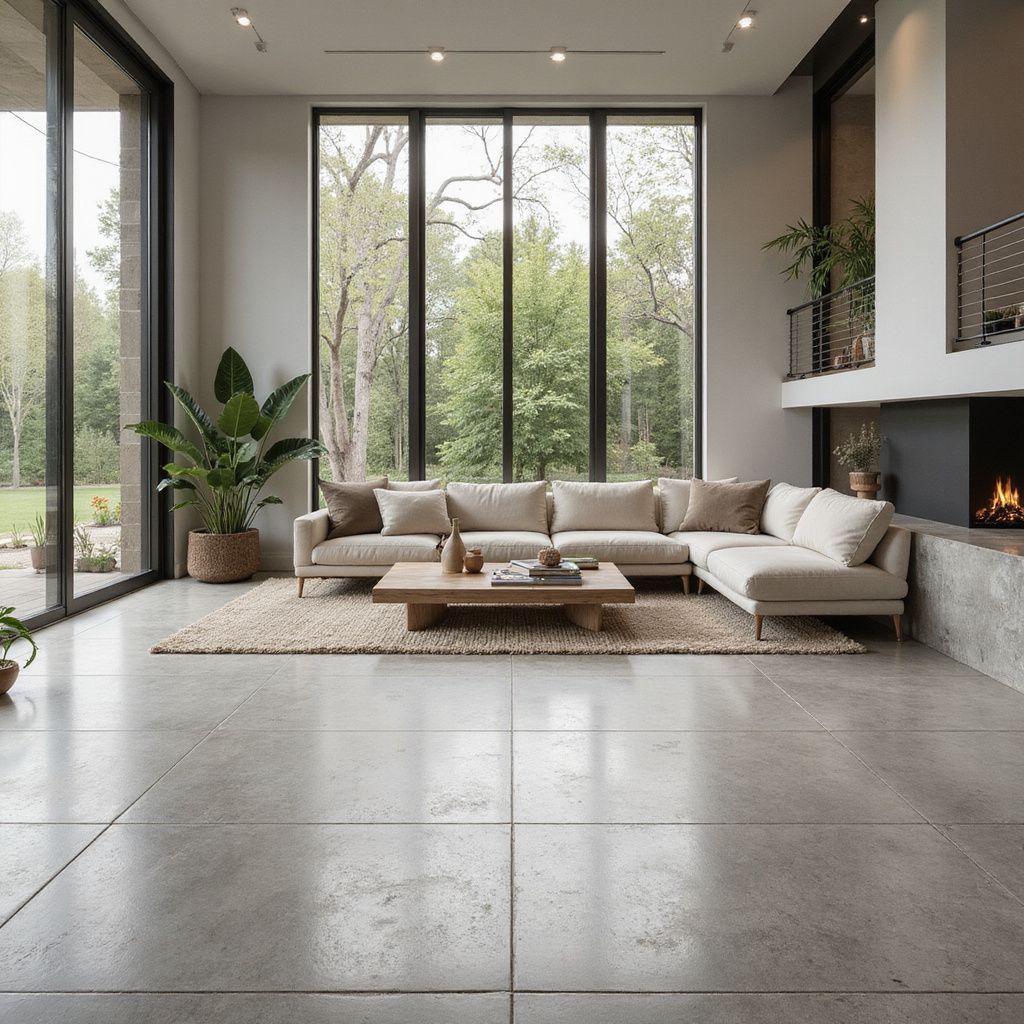 Beige sectional sofa, stone fireplace, and polished concrete floor.