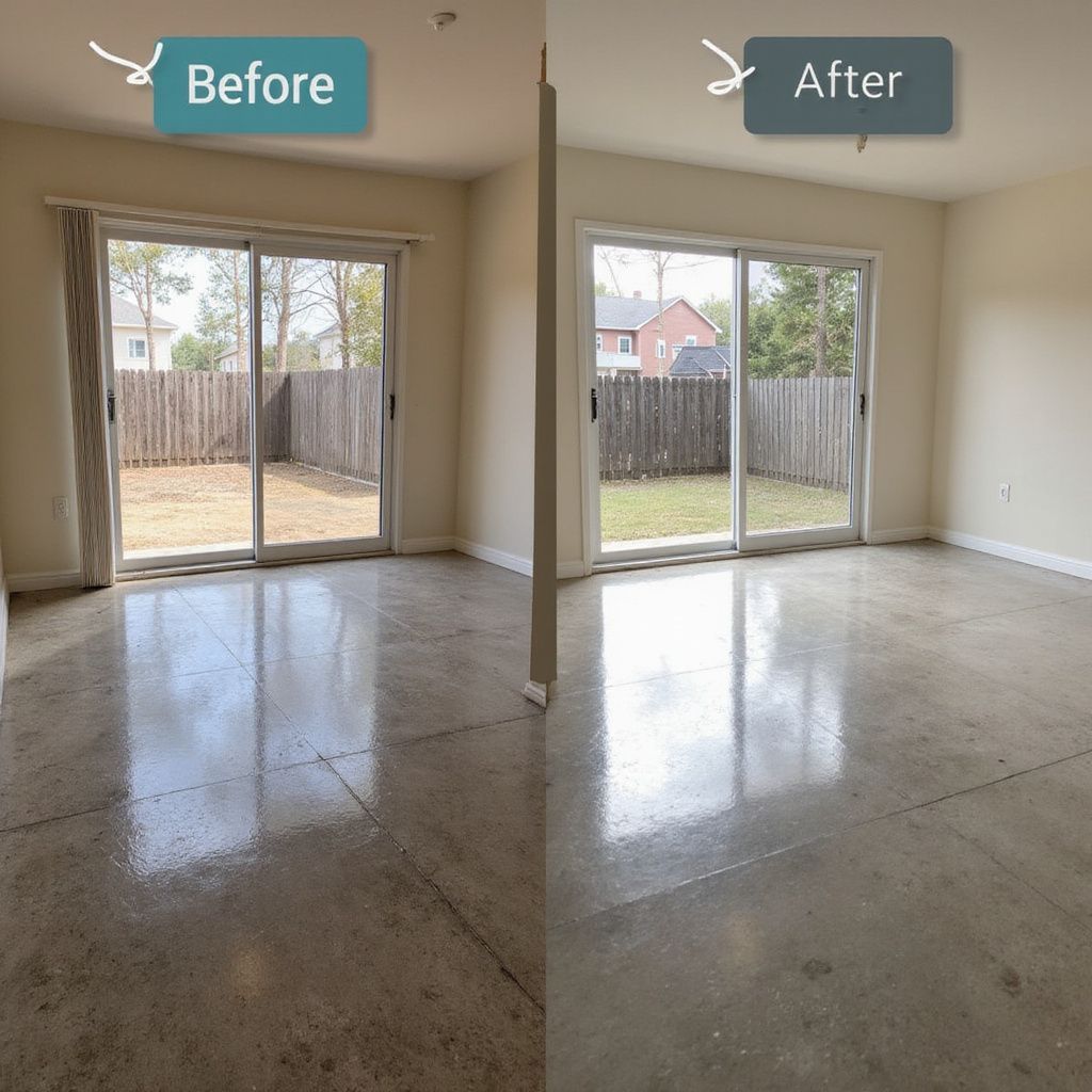 Room comparison: Before shows closed blinds, After shows open blinds, same sliding glass door and concrete floor.