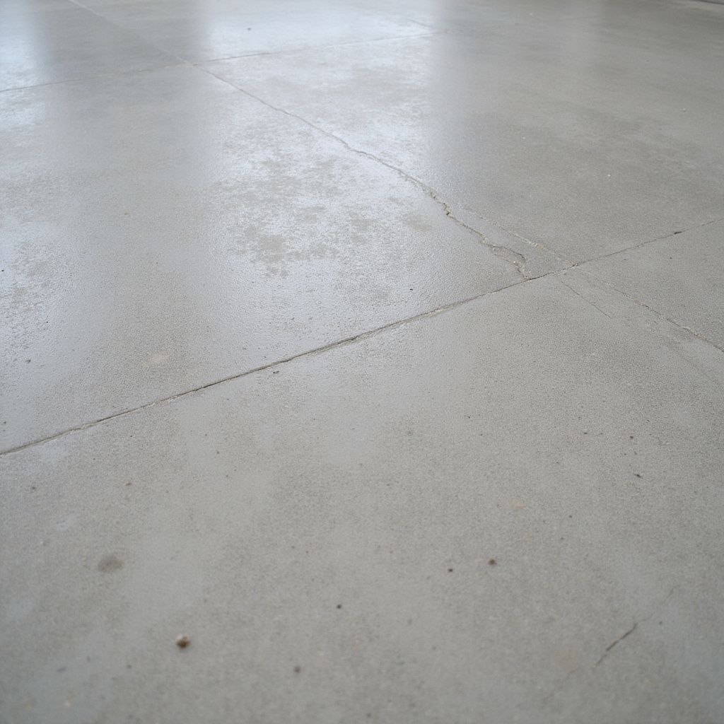 Close-up of a gray concrete floor with several linear cracks.