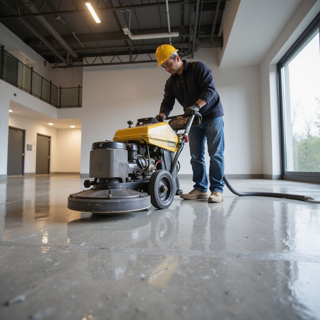 Person in a yellow hard hat operates a floor polishing machine in an empty room with large windows.