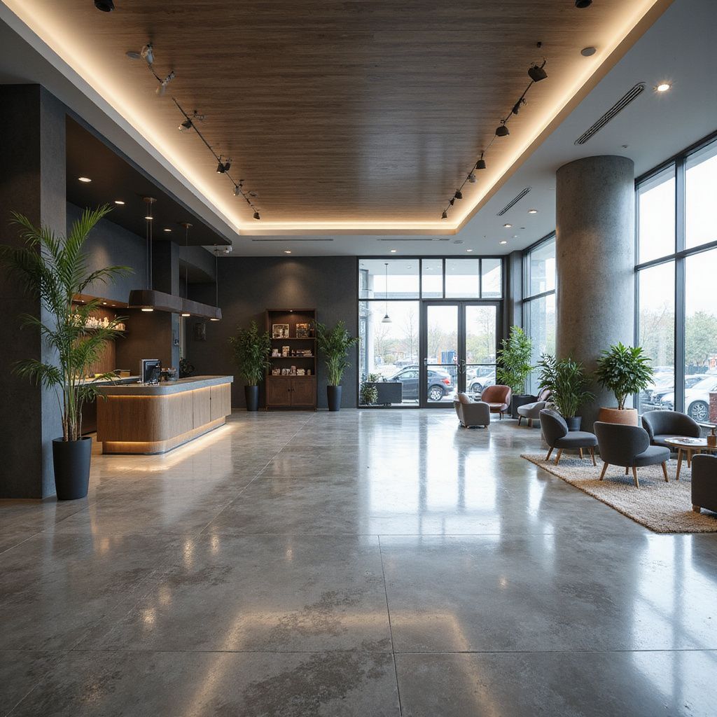 Modern hotel lobby with polished concrete floor, reception desk, seating area, and large windows.