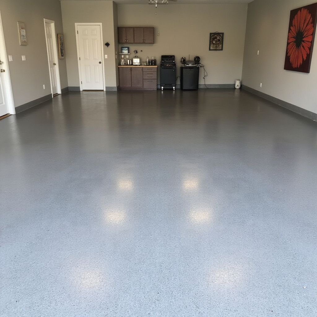Garage with a shiny, speckled gray floor. Cabinets, door, and art are visible.