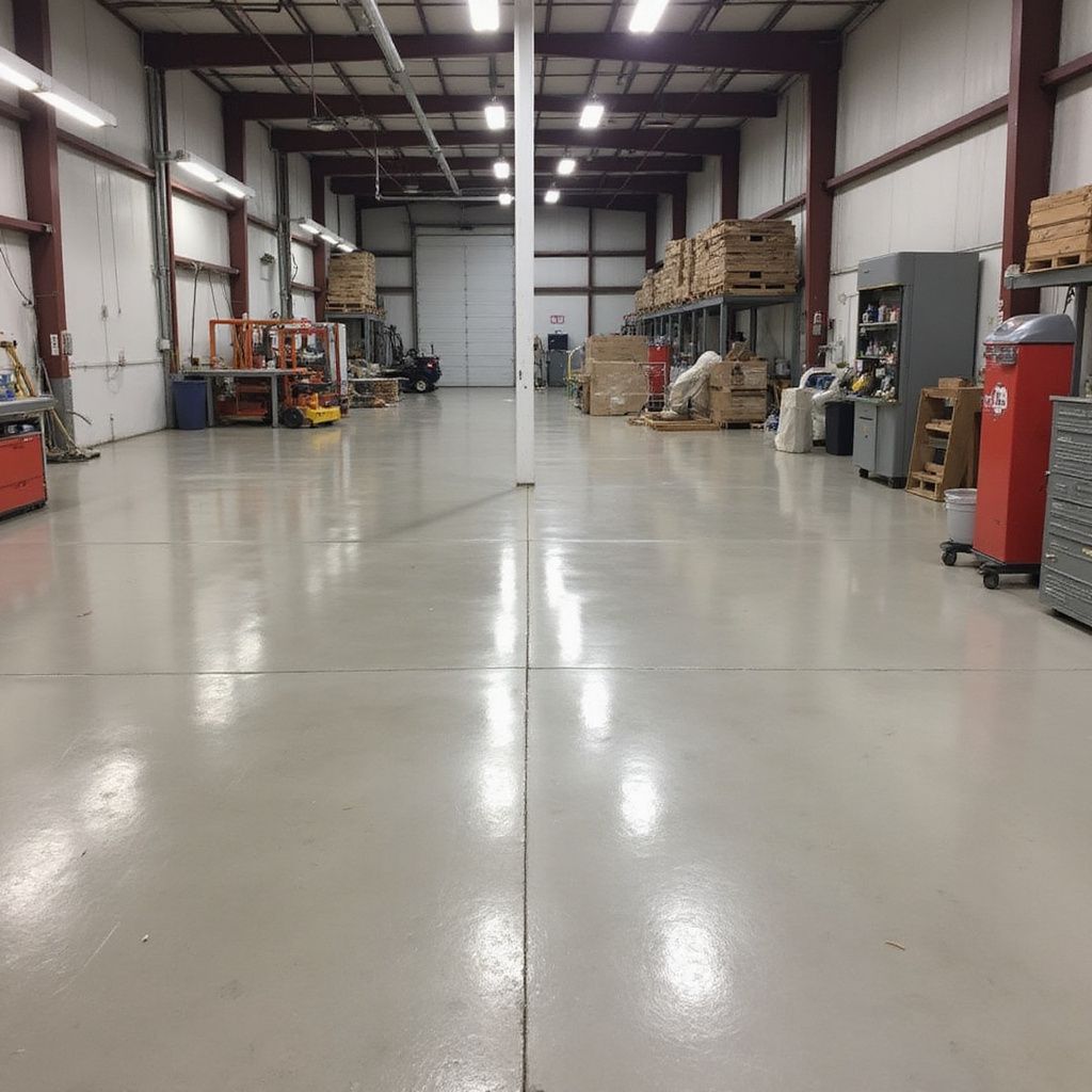 Empty, well-lit warehouse with shiny, light gray floor. Boxes and equipment are visible along the walls.