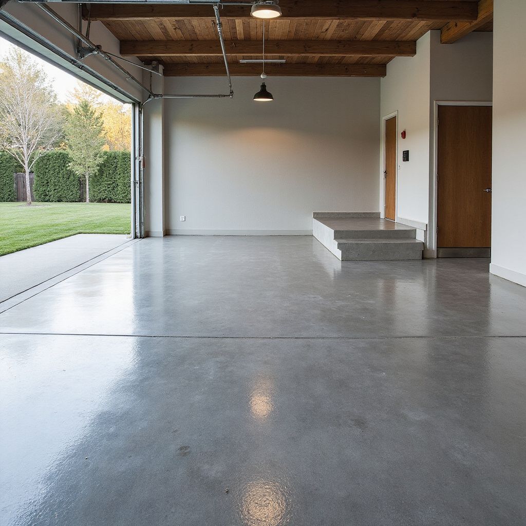 Empty modern garage with shiny gray concrete floor, open door to yard, wooden ceiling.