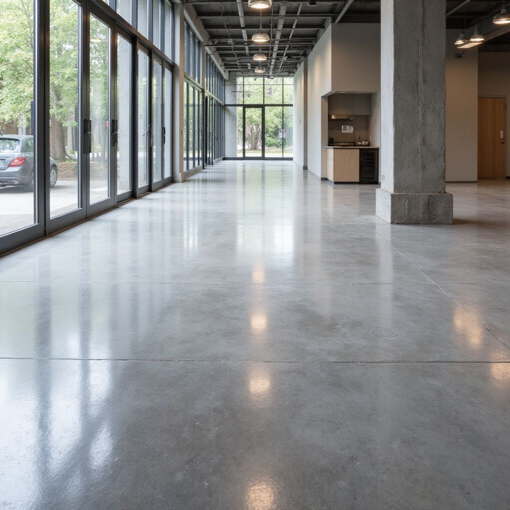 Spacious, modern room with polished concrete floor, glass walls, and a minimalist interior.