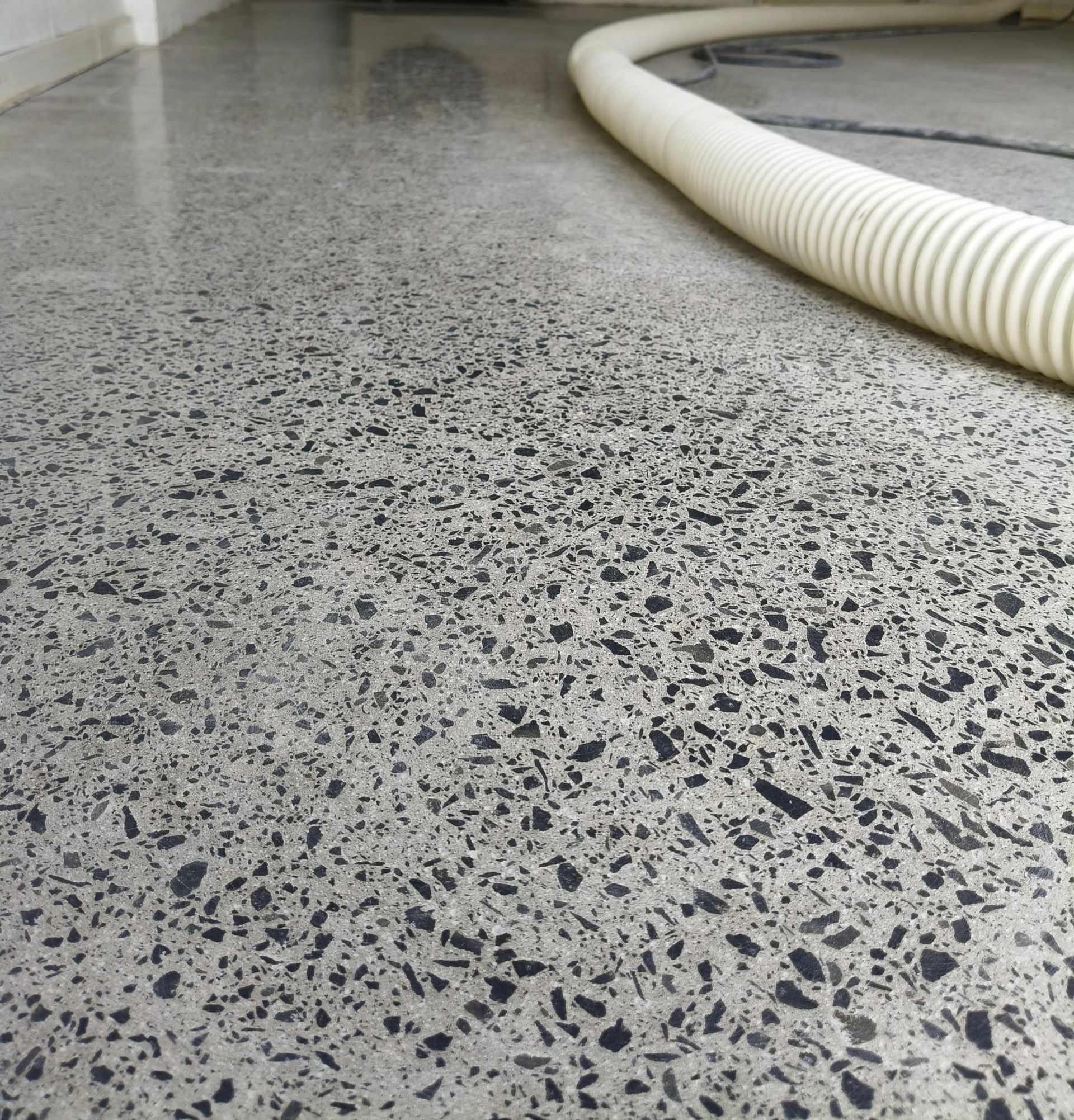 Polished concrete floor featuring Fully exposed aggregate. with a white industrial hose laying on the surface.