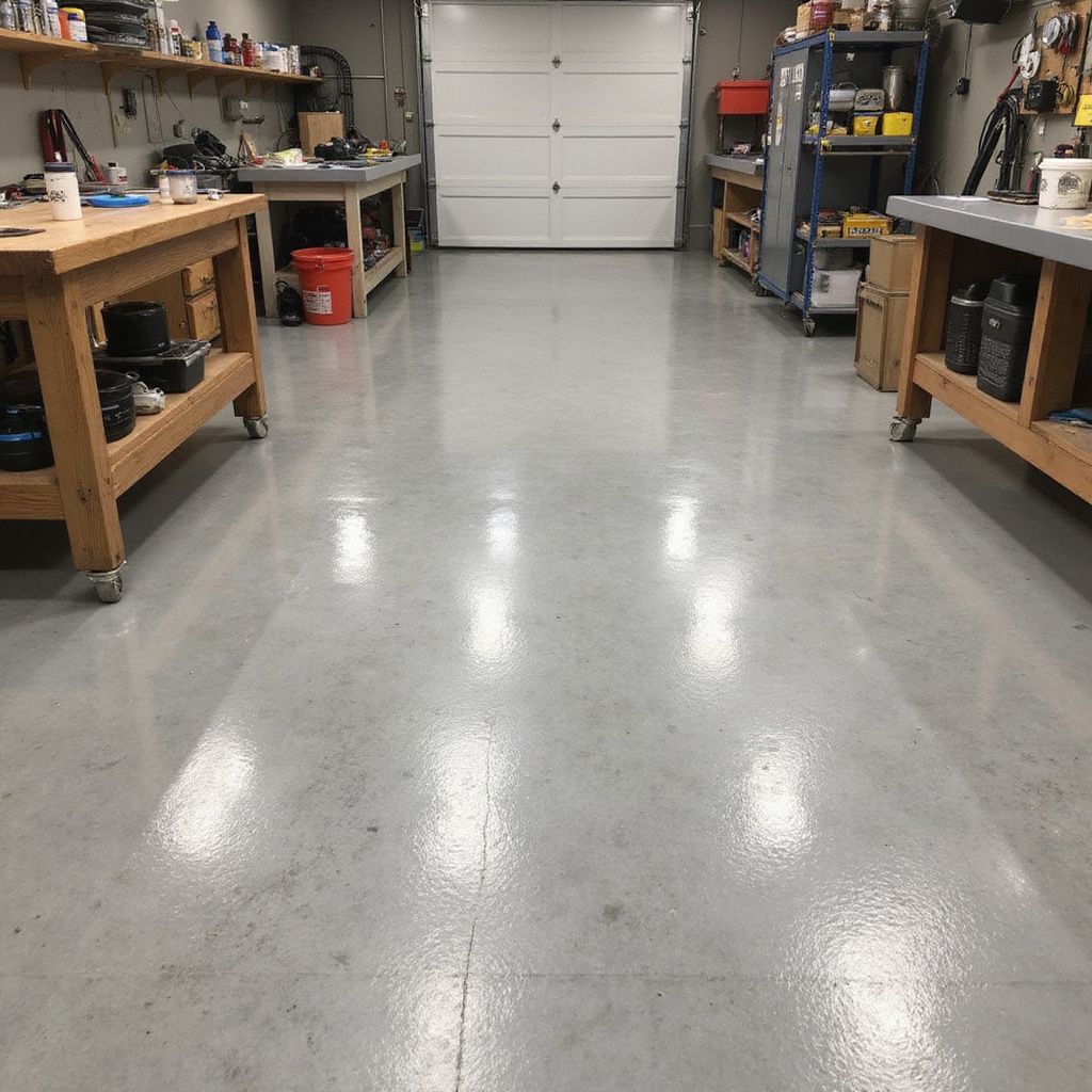 Gray epoxy floor in a workshop with workbenches, shelves, and a closed garage door.