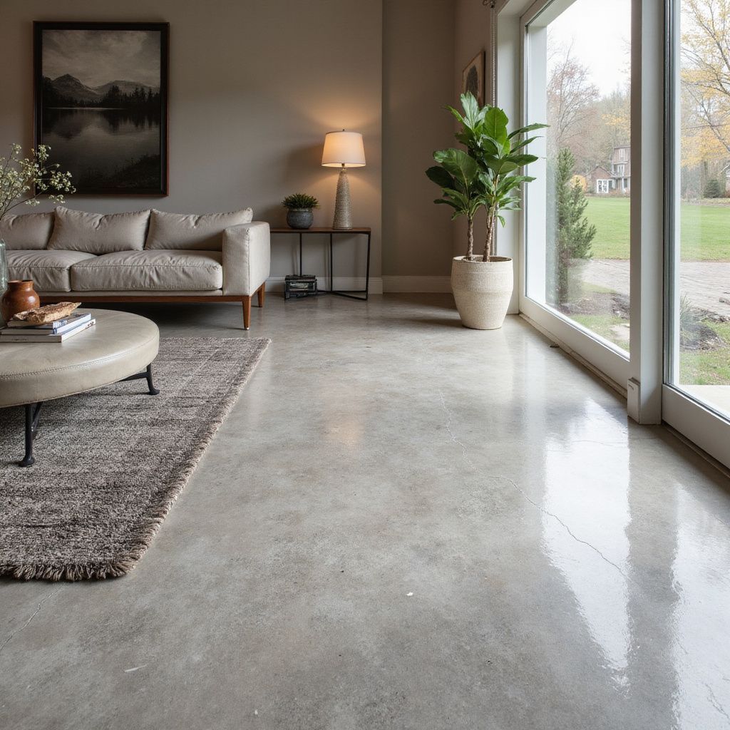Living room with tan couch, rug, and polished concrete floor, beside a large window looking outside.