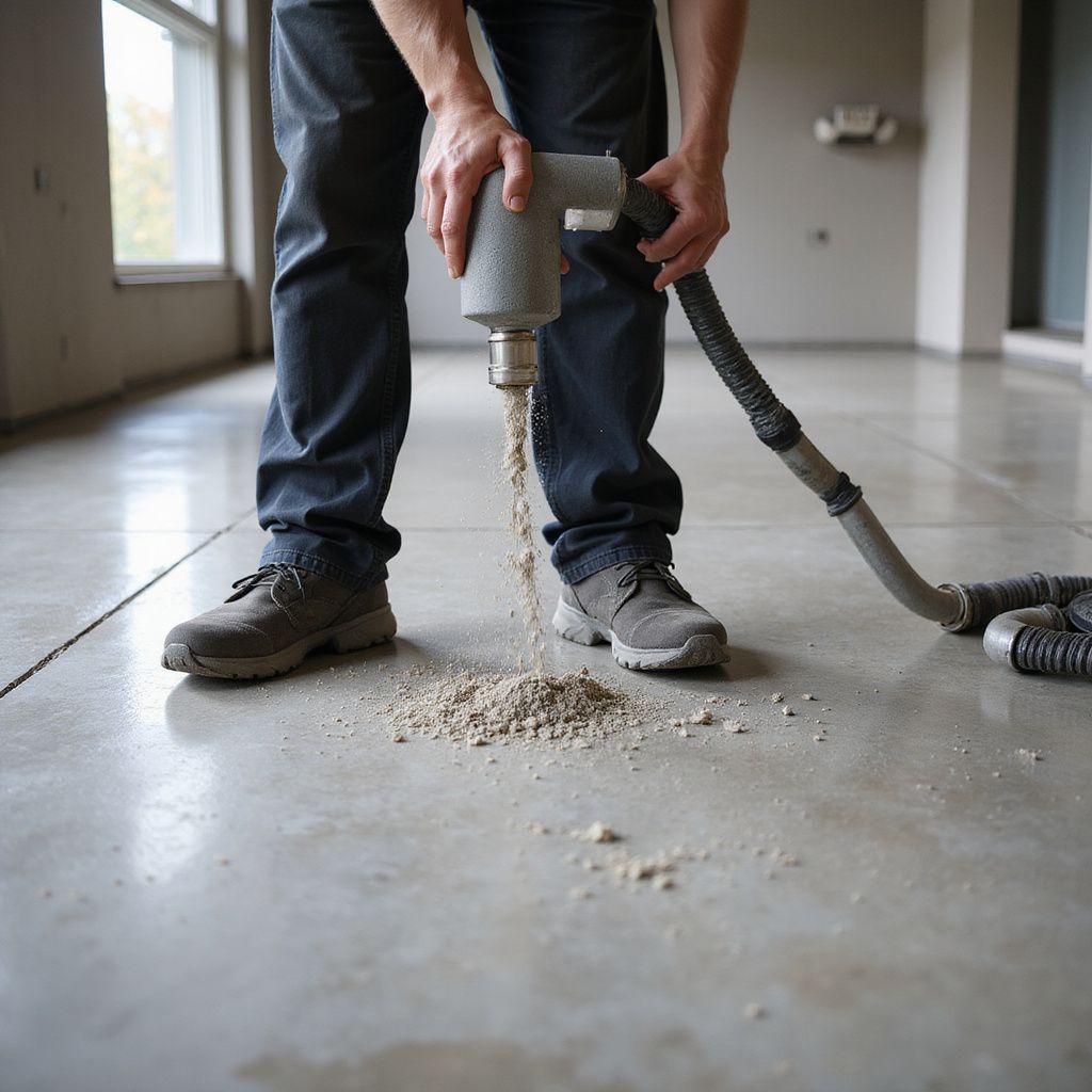 Person using a tool to grind concrete floor, gray dust falling, with vacuum hose attached.