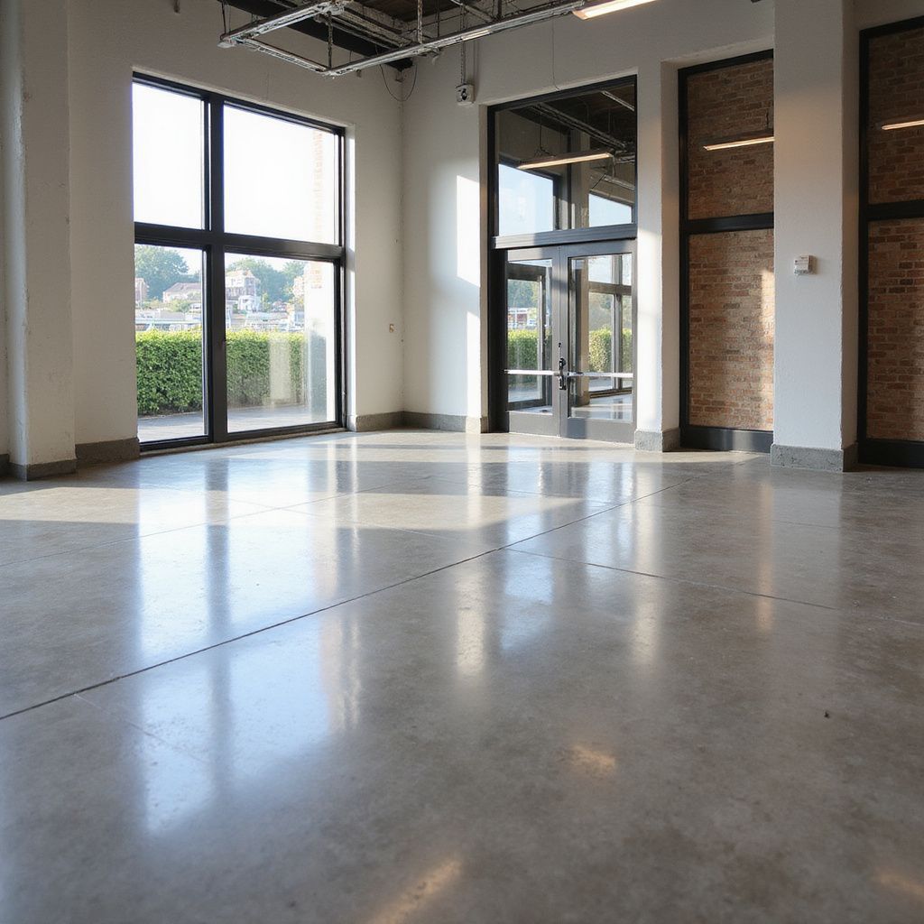 Empty interior with polished concrete floor, large windows, and glass doors.