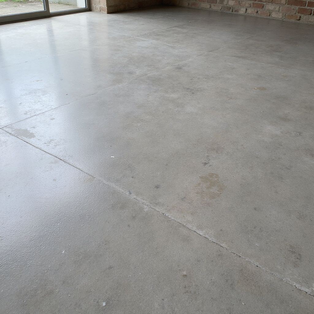 Polished concrete floor in a room with brick walls and large glass doors.