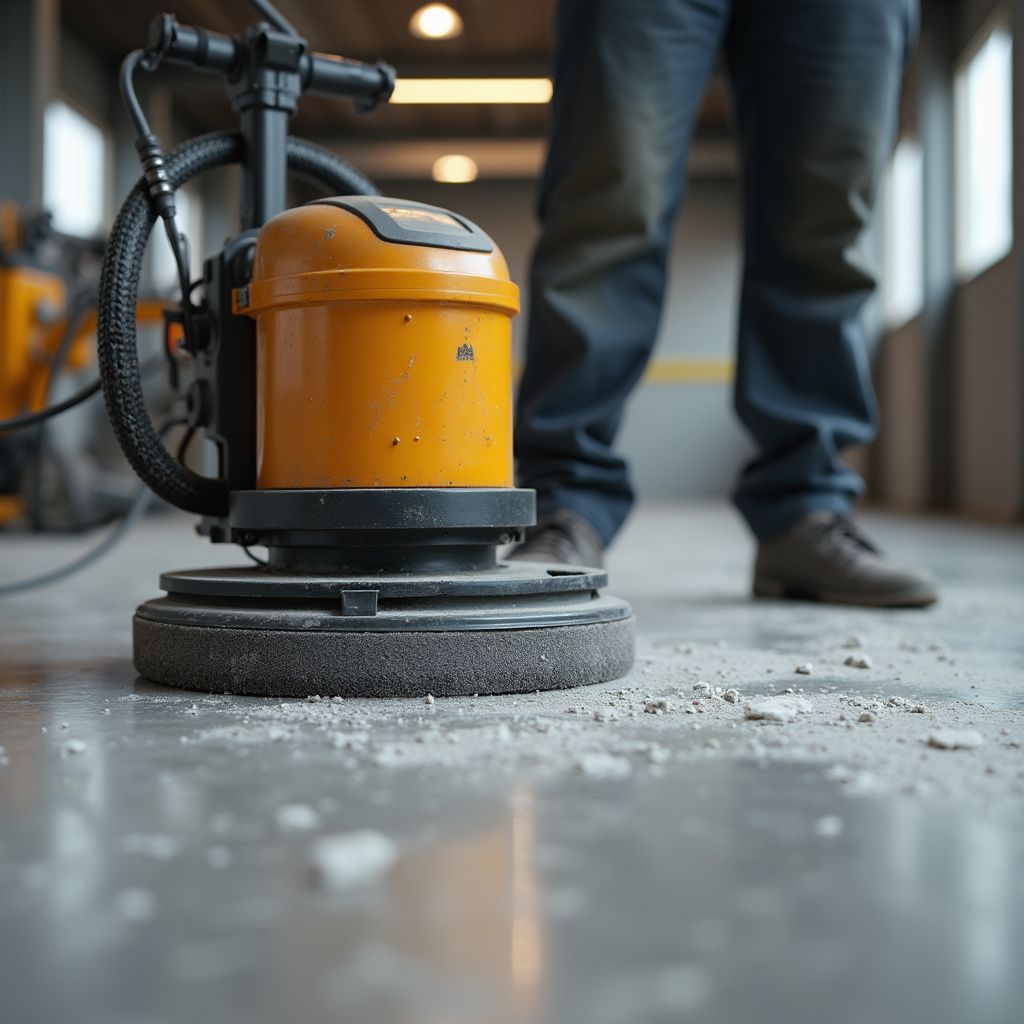 Person using an orange floor grinder on a concrete surface, in a construction area.