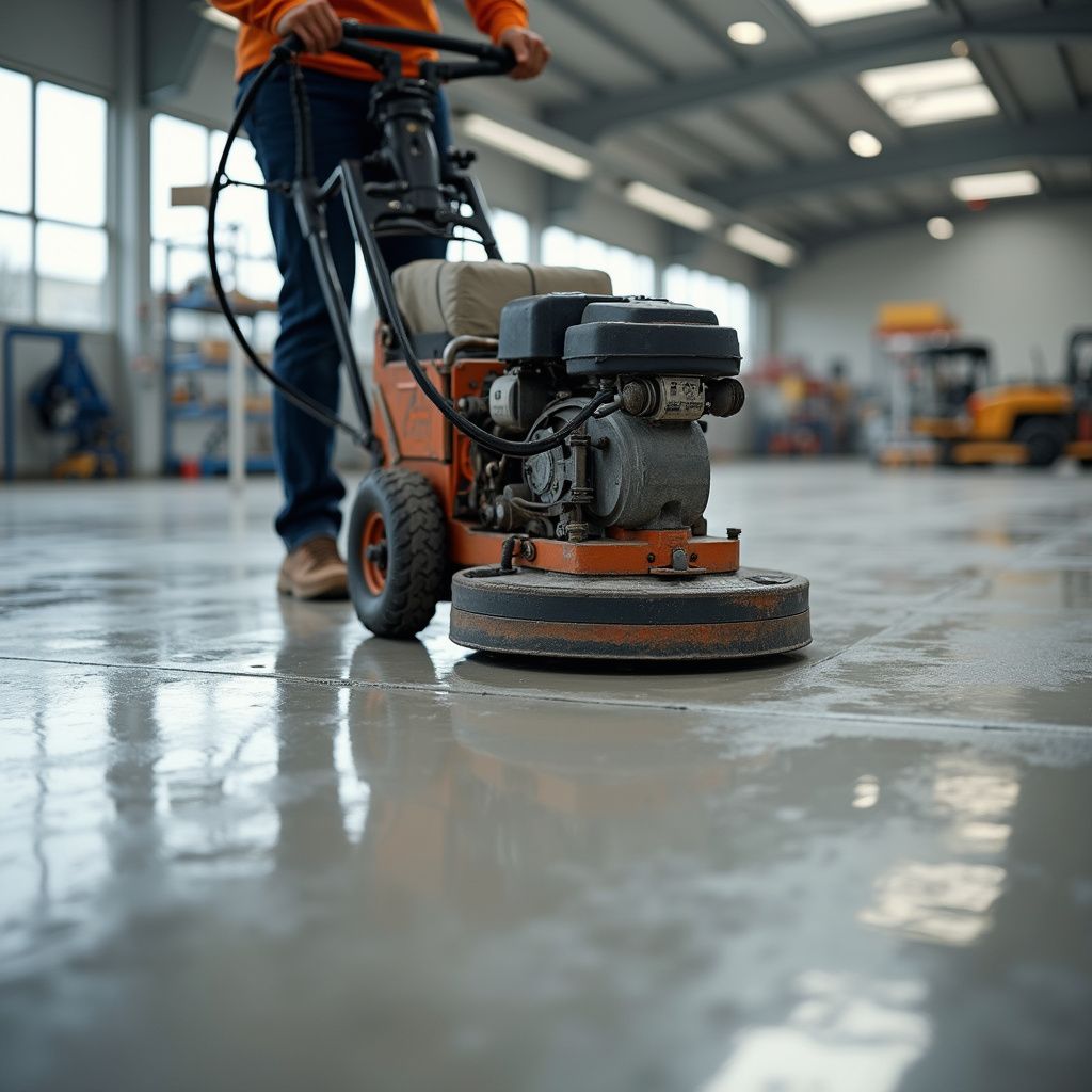 A person using an industrial floor grinder in a warehouse, smoothing a wet concrete floor.