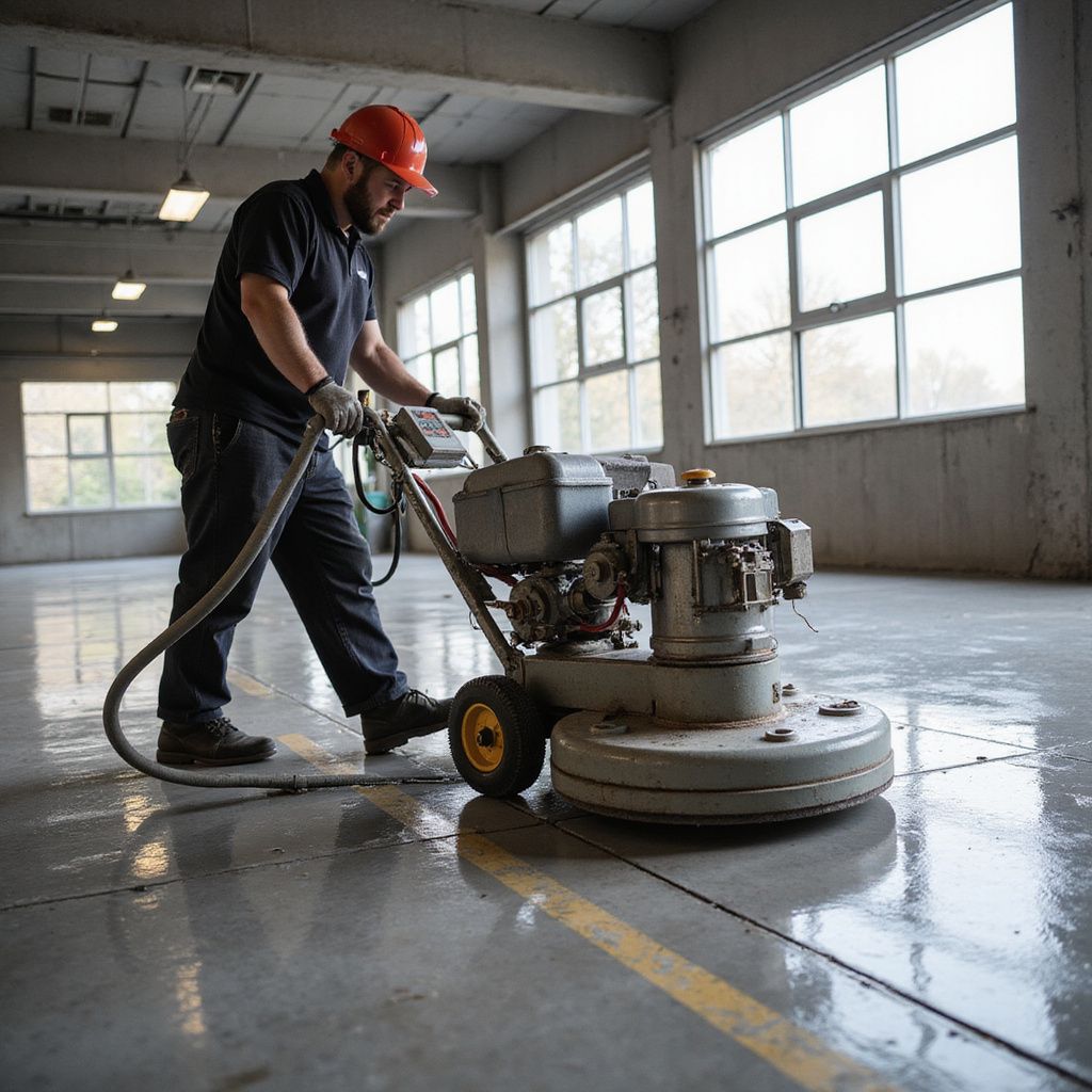 Person in hard hat using concrete floor grinder in a large industrial space.