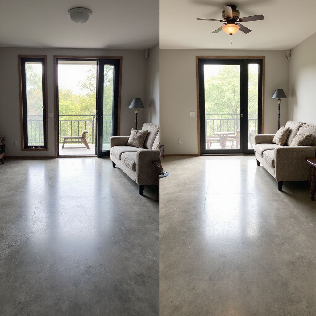 Two photos of a living room side-by-side: before and after installing a ceiling fan.