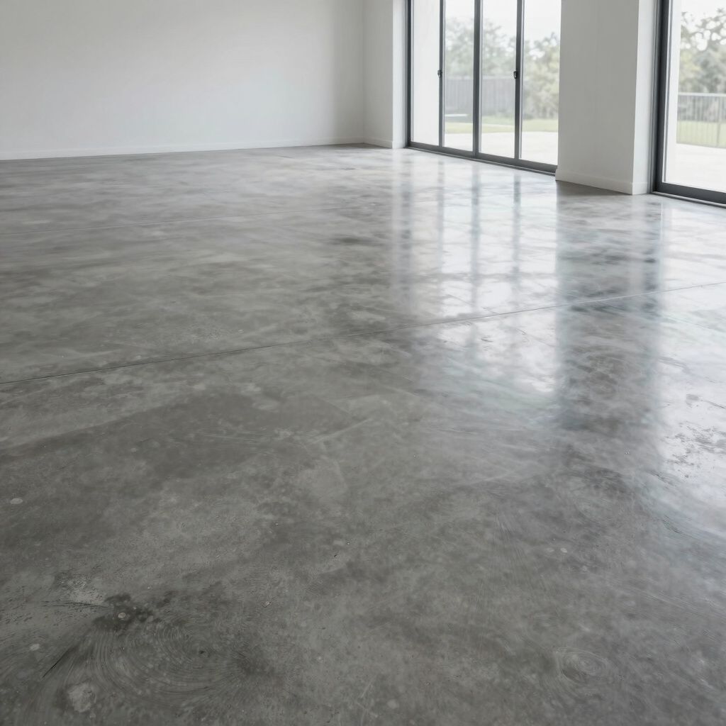 Empty room with a polished concrete floor, bright white walls, and large windows.