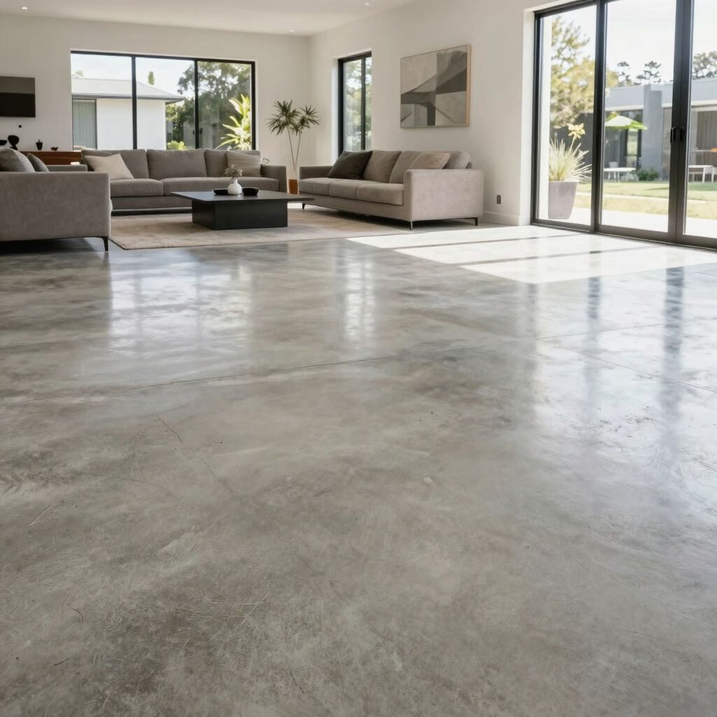Polished concrete floor in a modern living room with gray sofas, a dark coffee table, and large windows.