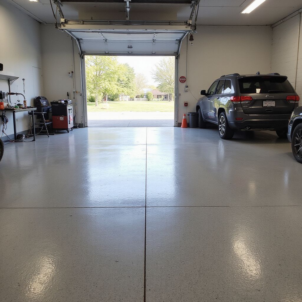 Garage interior with gray epoxy floor, open door, cars parked, and tools.