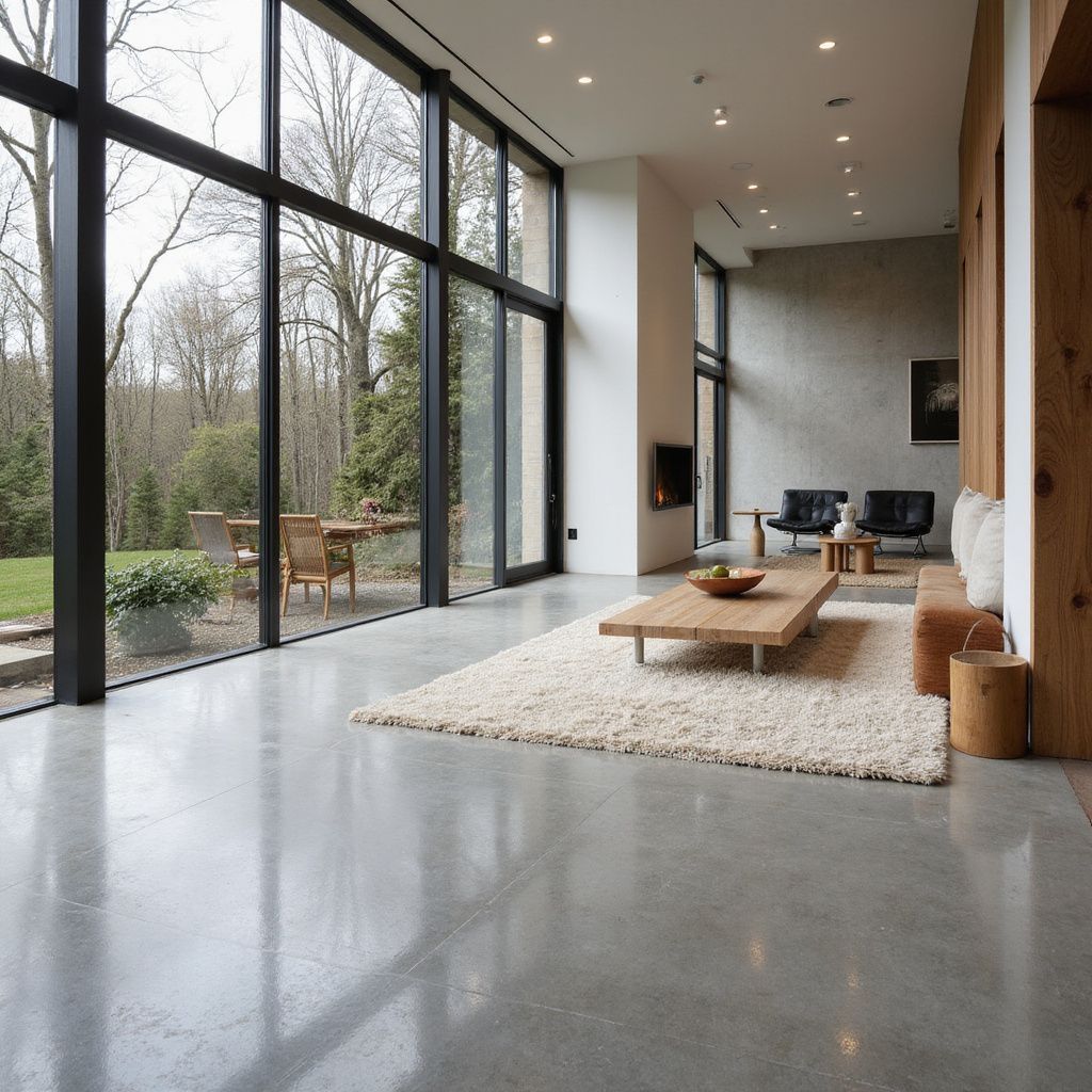 Modern living room with floor-to-ceiling windows, polished concrete floor, and light wood accents overlooking a yard.