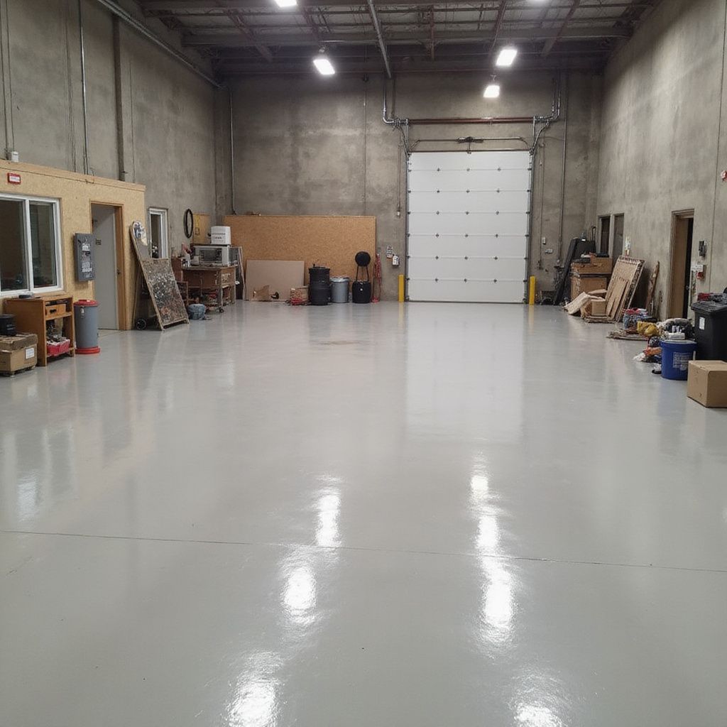 Large industrial warehouse with a shiny gray floor, loading door, and various equipment.