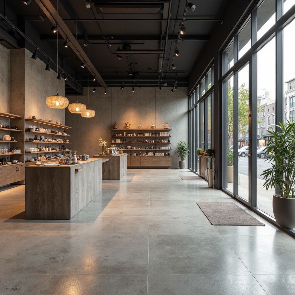 Interior of a modern commercial space, concrete countertops, polished concrete floor.