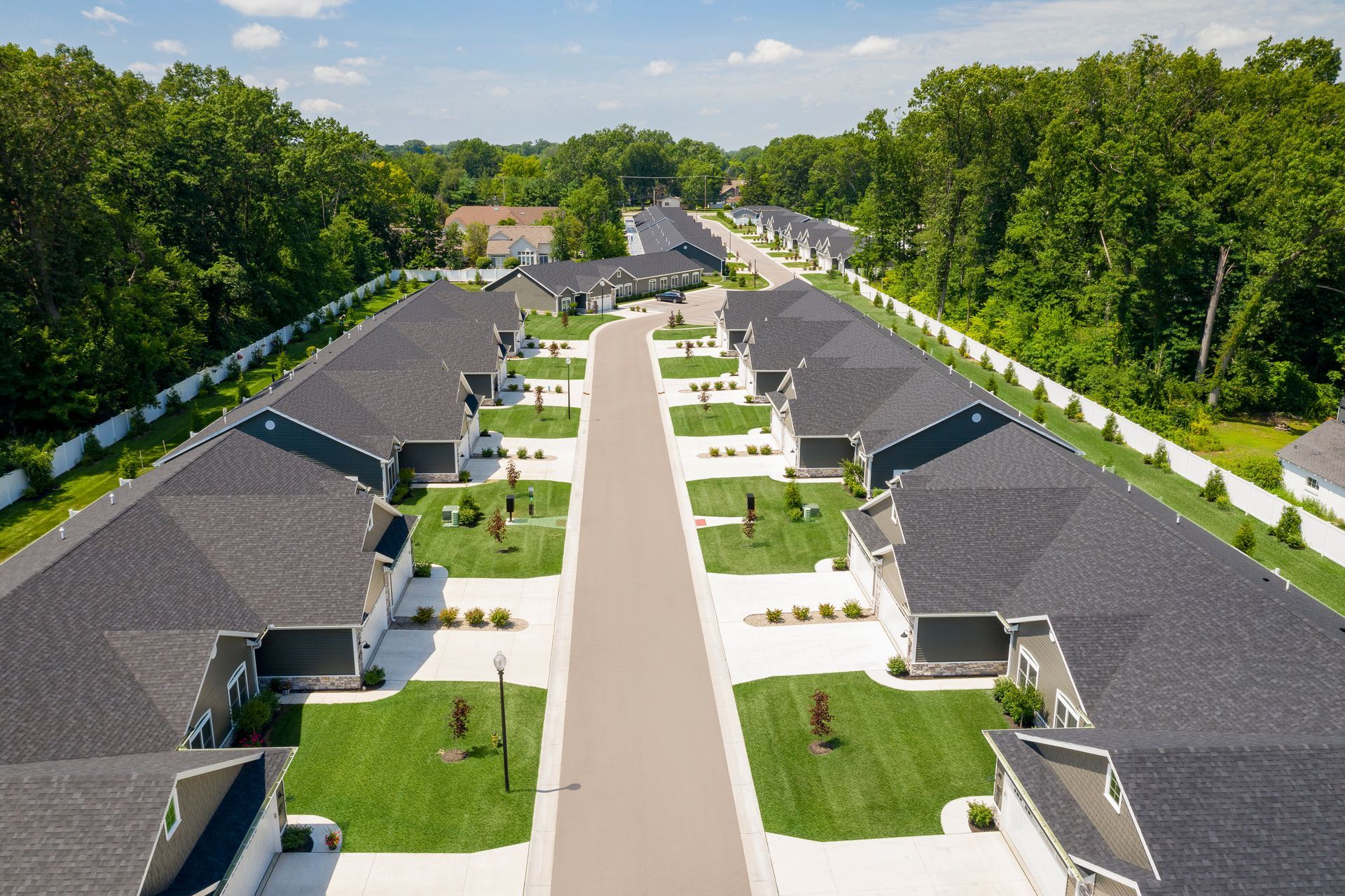 Photo of an aerial shot showing a street of duplexes