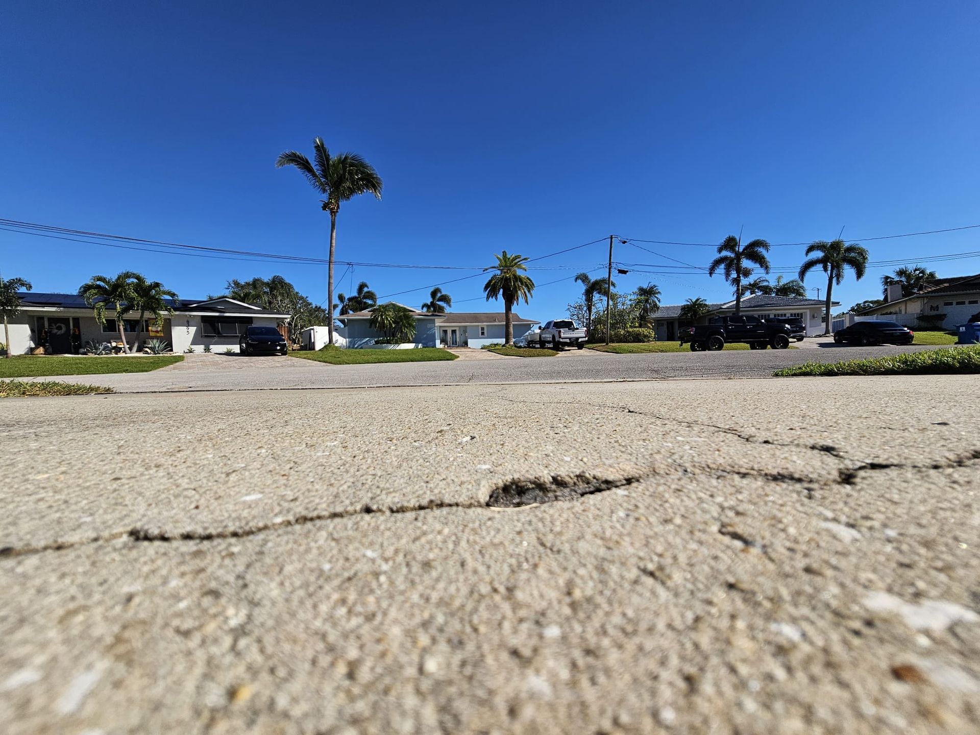 Cracked pavement leads to homes with palm trees under a bright blue sky.
