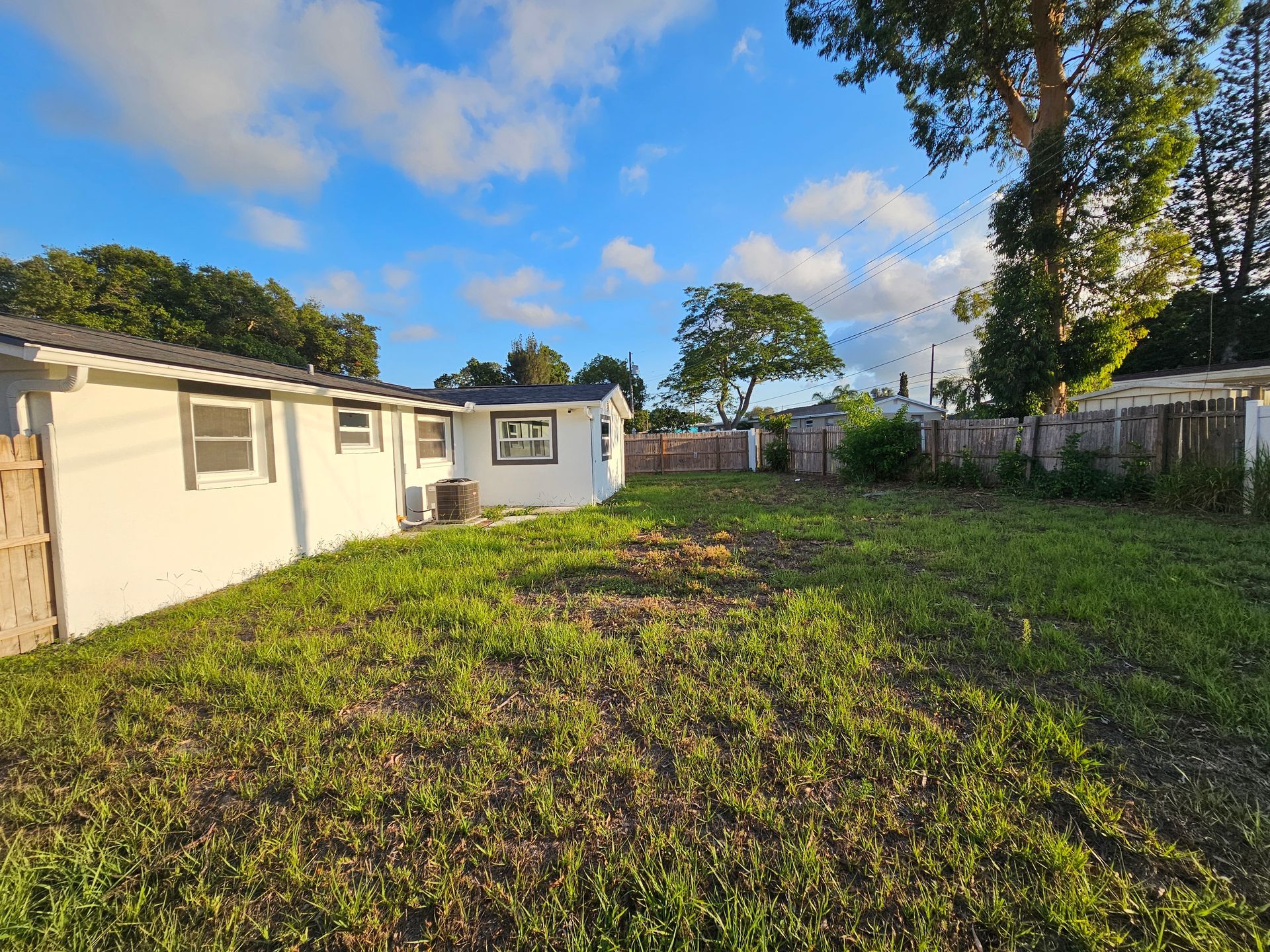 Backyard with white house and overgrown grass under a blue sky.