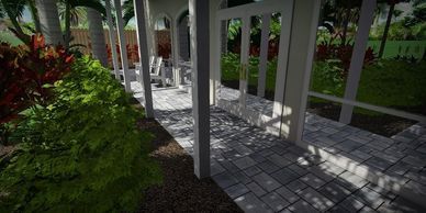 A rendering of a patio with a pergola and a walkway.