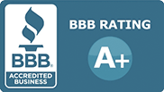 A BBB rating a+ accredited business logo on a blue background.