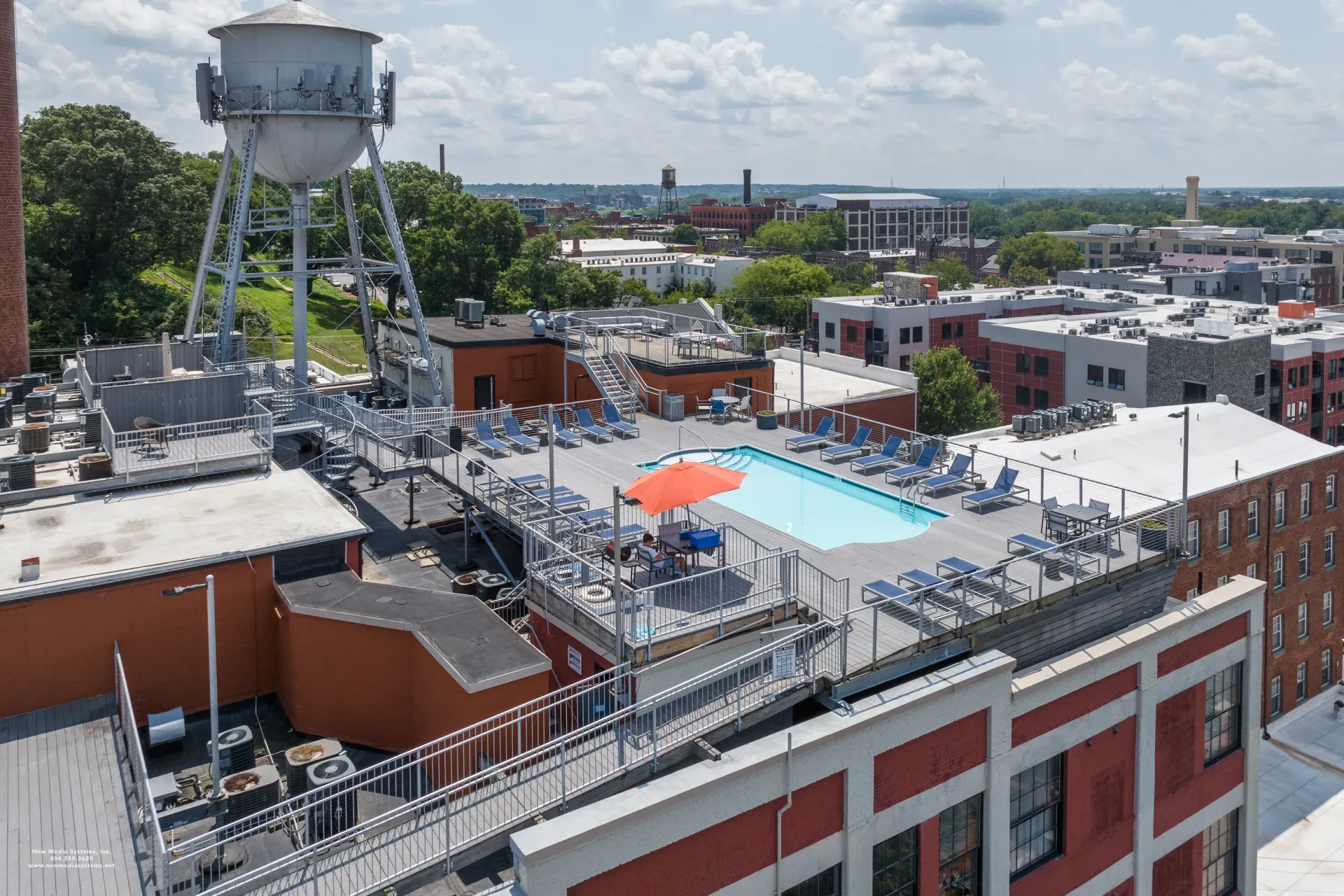 Aerial shot of the exterior of the apartment building.