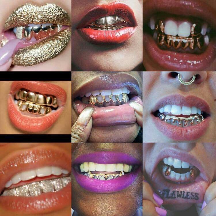 multiple gold grillz in a collage 