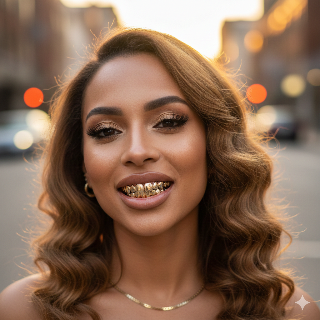 Woman smiling confidently with gold grillz on her teeth, showcasing custom dental jewelry 
