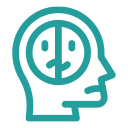 A line drawing of a person 's head with a smiley face in the middle.