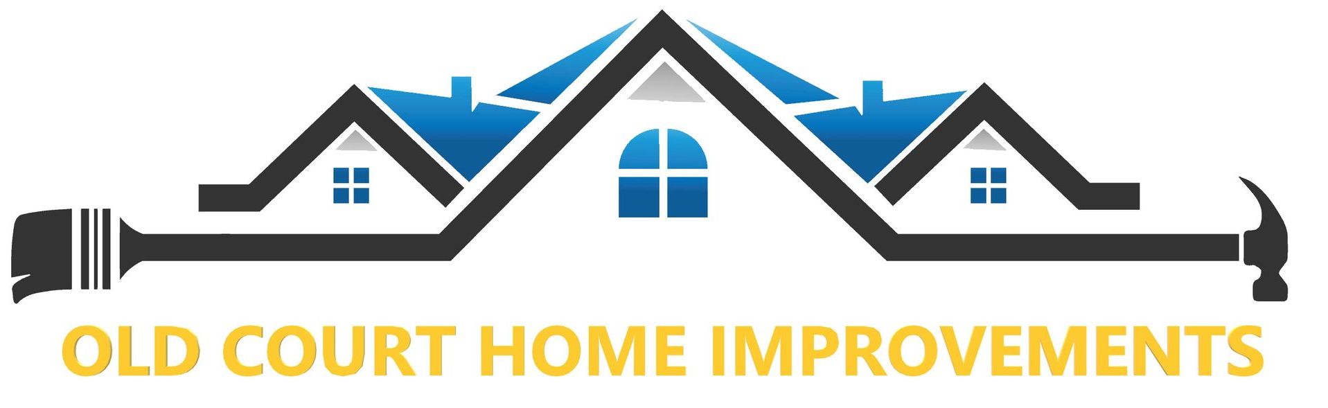 a logo for old court home improvements shows a house and a hammer .