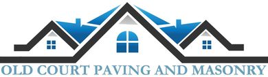 The logo for old court paving and masonry shows a house with a blue roof.