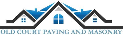 the logo for old court paving and masonry shows a house with a blue roof .