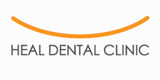 A logo for heal dental clinic with an orange smile