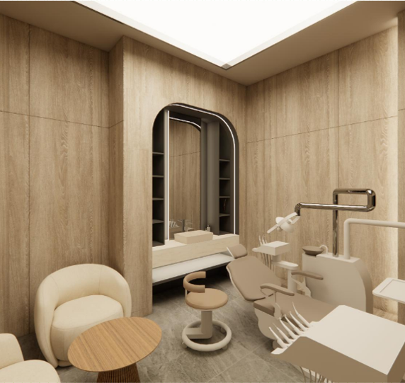 Dental office: beige and wood tones, dental chair, storage, seating area.