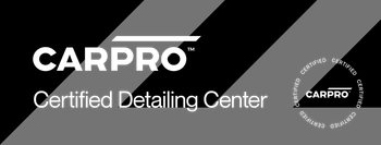 CARPRO Certified Detailing Center logo with white text on black and gray diagonal backgrounds, a circular logo to the right.