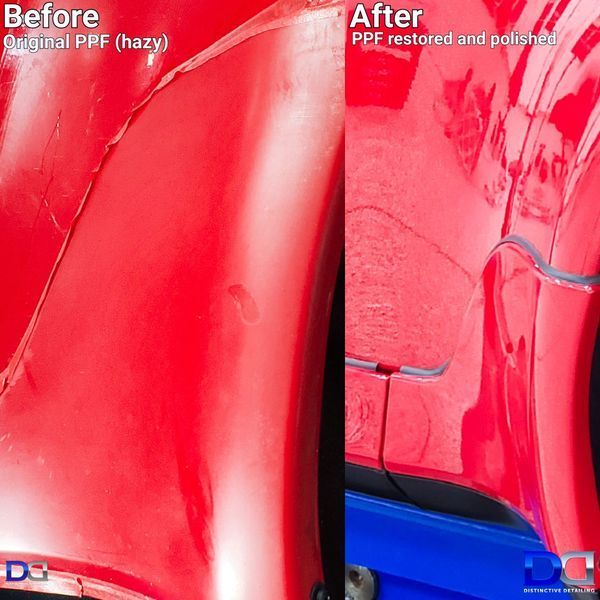 Comparison of car paint before (hazy) and after PPF restoration and polish; red car.